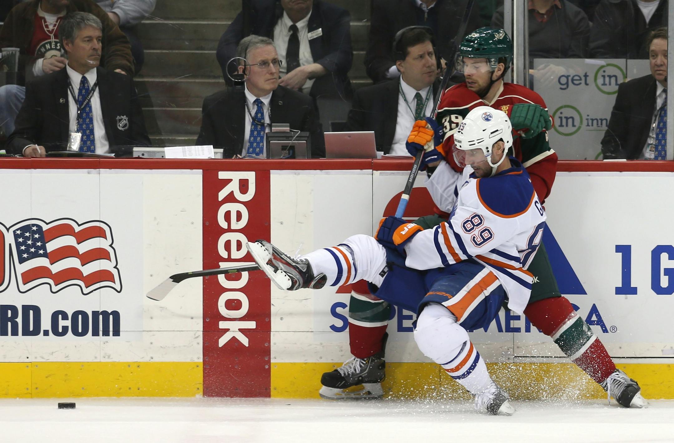 The Wild's Nate Prosser knocked Edmonton's Sam Gagner off the puck during the second period.