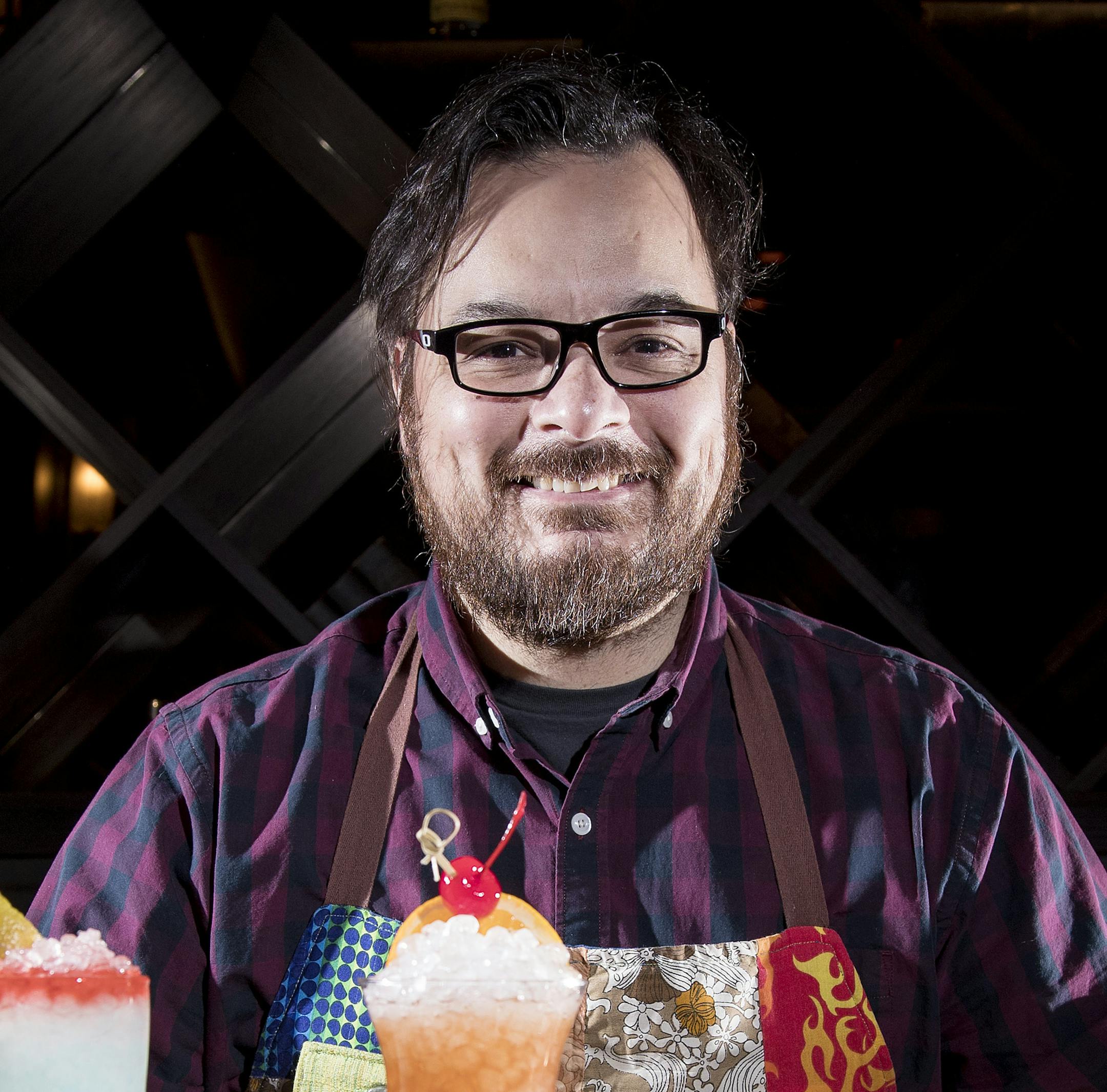 Jester Concepts bar director Jesse Held photographed with Constantine's retro inspired cocktails at Hotel Ivy. ] CARLOS GONZALEZ • cgonzalez@startribune.com - March 9, 2017, Minneapolis, MN, Tiki drinks, 80s cocktails and poolside guilty pleasures are all making a comeback, Hotel Ivy, Jester Concepts bar director Jesse Held will be creating some of Constantine's retro-inspired cocktails