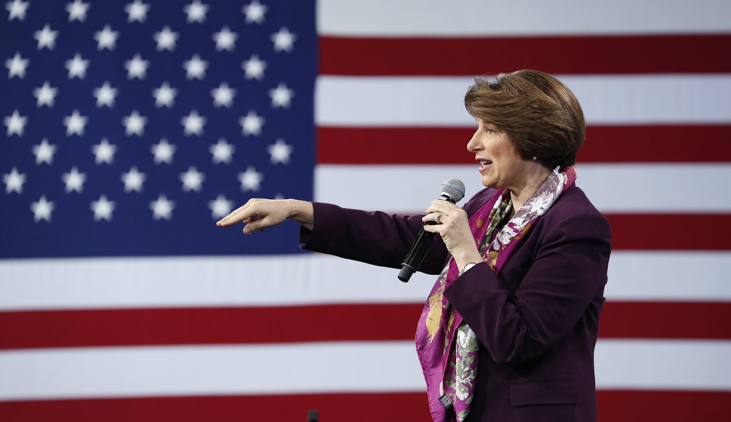 Democratic presidential candidate Sen. Amy Klobuchar, D-Minn., speaks at a Service Employees International Union forum on labor issues, Saturday, April 27, 2019, in Las Vegas. (AP Photo/John Locher)