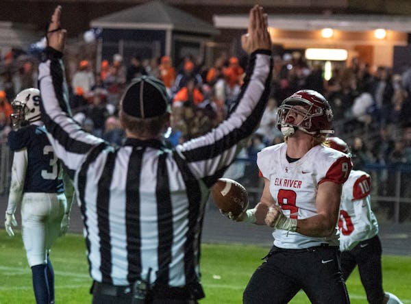 Elk River tight end Jack Lachmiller , celebrates a two point conversion in the seconds quarter in St. Francis .,Minn. on Wednesday October 19, 2022.