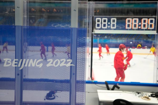Members of the China men’s hockey team practiced at the Beijing Winter Olympics.