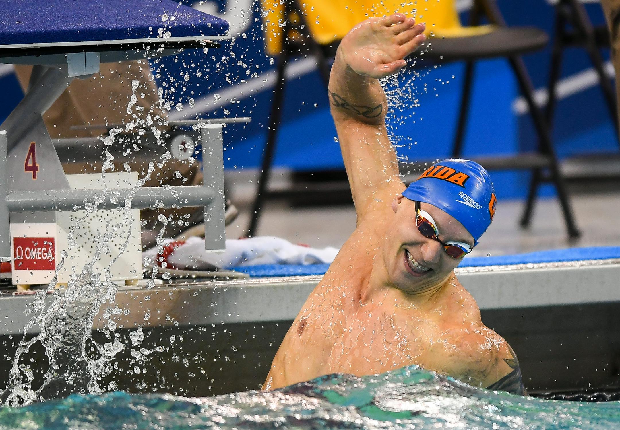 Florida's Caeleb Dressel celebrated his first place win in the men's 50-yard freestyle final Thursday. He finished with a record setting time of 17.63 seconds, a full second faster than second place. ] AARON LAVINSKY ï aaron.lavinsky@startribune.com The 2018 NCAA Men's Swimming & Diving Championships were held Thursday, March 22, 2018 at the Jean K. Freeman Aquatic Center at the University of Minnesota in Minneapolis, Minn.