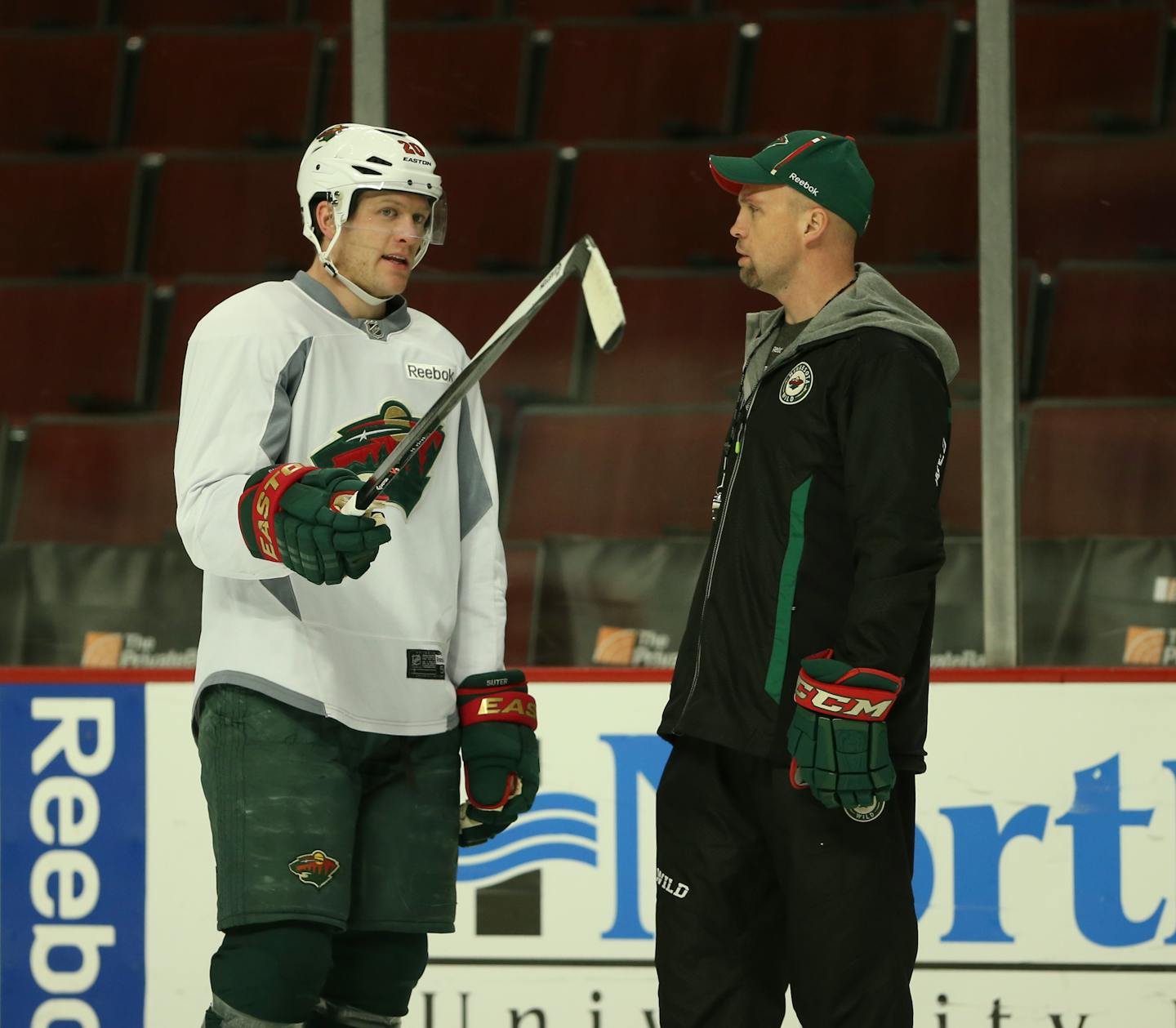 Wild defenseman Ryan Suter (left) and coach Mike Yeo