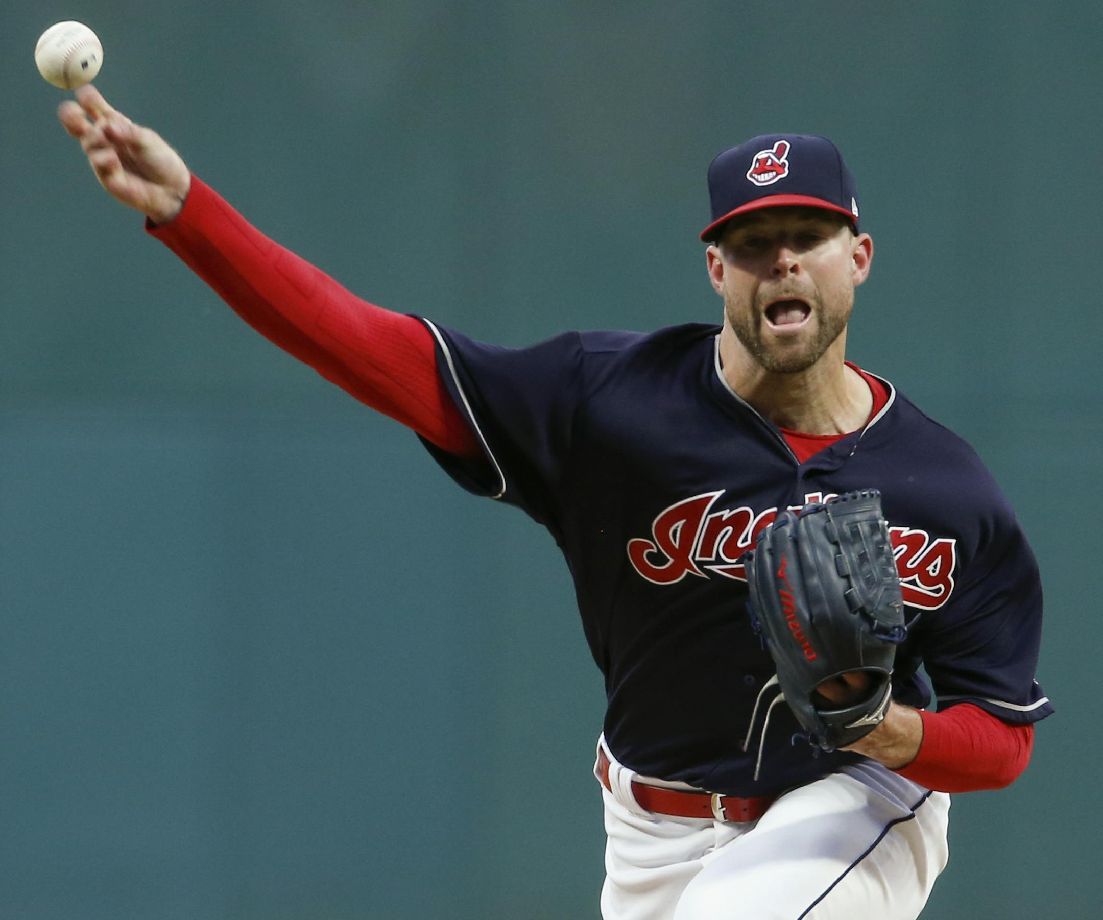Cleveland Indians starting pitcher Corey Kluber delivers against the Detroit Tigers during the first inning in a baseball game, Tuesday, Sept. 12, 2017, in Cleveland. (AP Photo/Ron Schwane)