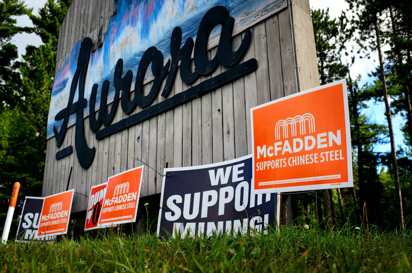 Signs at the edge of Aurora, Minn, in the heart of the Iron Range, supported mining and denounced GOP Senate candidate Mike McFadden for not supporting U.S. steel over cheaper government subsidized Chinese steel. ] Aurora, MN -- Wednesday, August 20, 2014. GLEN STUBBE * gstubbe@startribune.com