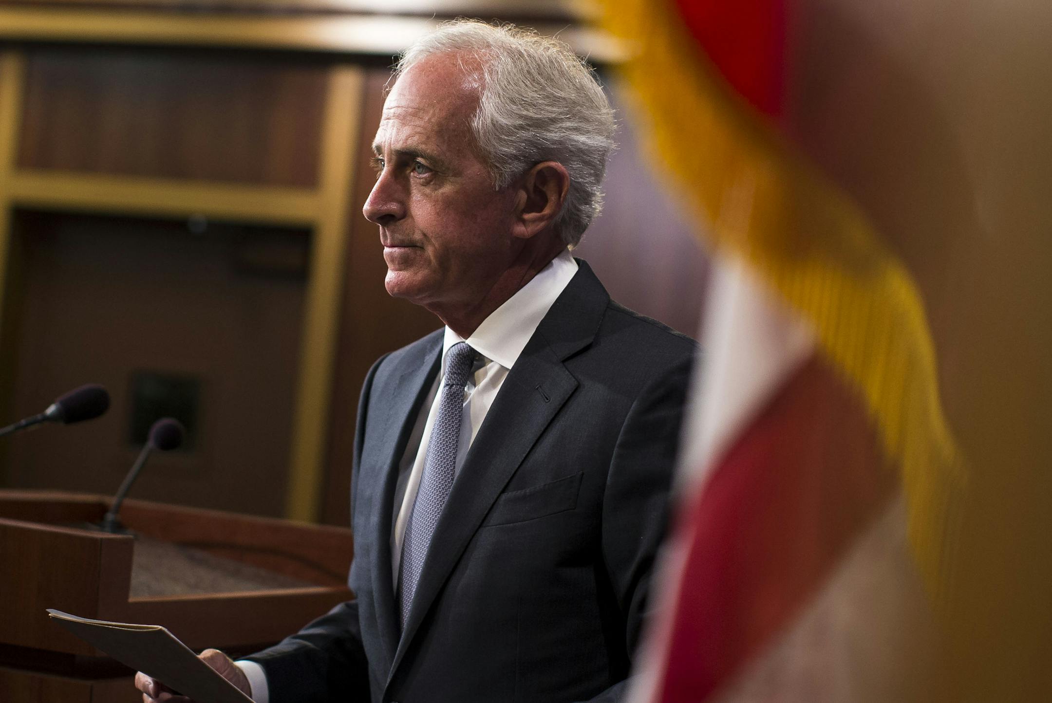 Sen. Bob Corker (R-Tenn.), chairman of the Foreign Relations Committee, during a news conference on Capitol Hill in Washington, Sept. 14, 2017. Corker announced on Sept. 26 that he will not seek re-election next year, a move that is likely to set off a scramble that will pit mainstream Republicans against those from President Trumpís populist wing of the party. (Al Drago/The New York Times)
