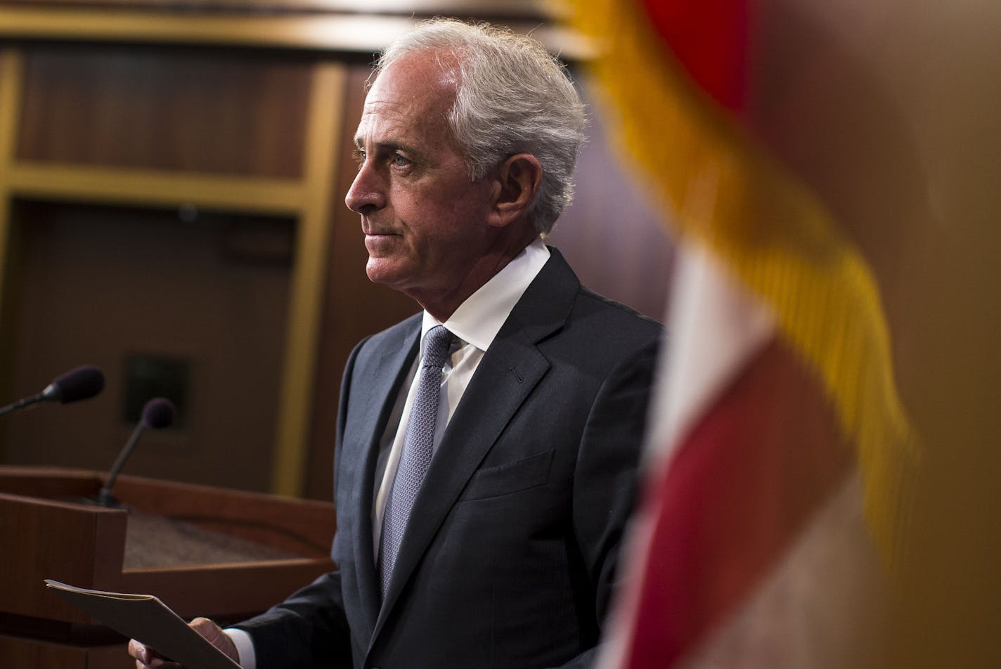 Sen. Bob Corker (R-Tenn.), chairman of the Foreign Relations Committee, during a news conference on Capitol Hill in Washington, Sept. 14, 2017. Corker announced on Sept. 26 that he will not seek re-election next year, a move that is likely to set off a scramble that will pit mainstream Republicans against those from President Trump&#xed;s populist wing of the party. (Al Drago/The New York Times)