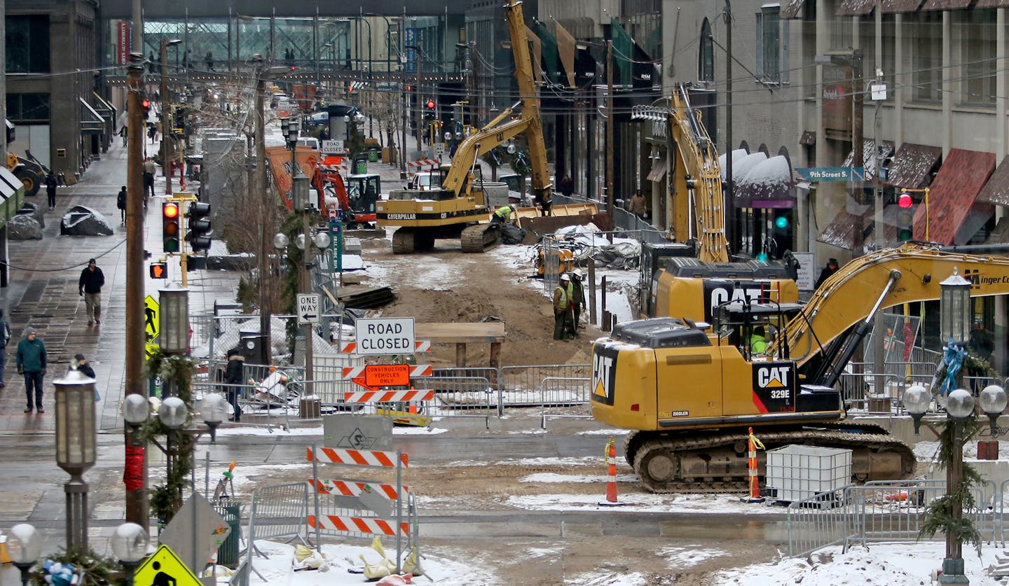 As seen from a skyway near Target, pedestrians make their way down Nicollet Mall, torn up for construction, Wednesday, Jan. 20, 2016.