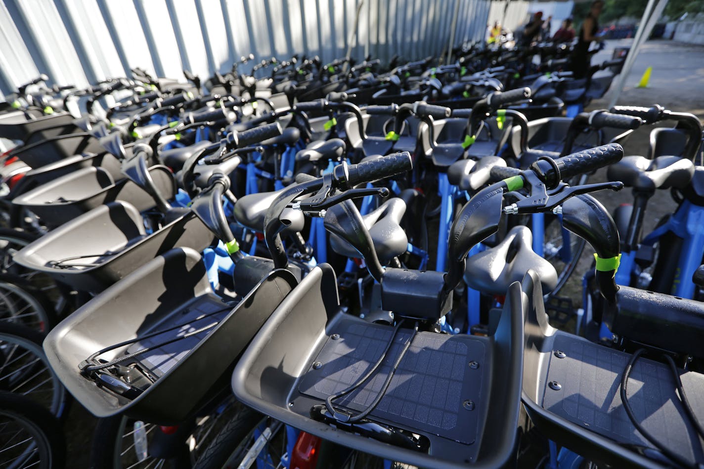 The new dockless bicycles delivered to Nice Ride Minnesota have a solar panel installed in the basket.