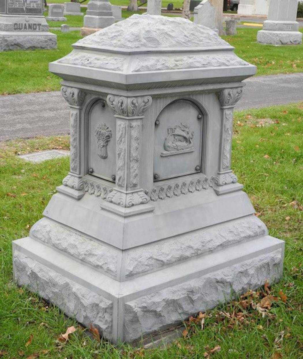 Though it looks like granite, the grave marker for German and Barbara Friton is made mostly of zinc — an example of the New Ulm City Cemetery’s white bronze markers. 