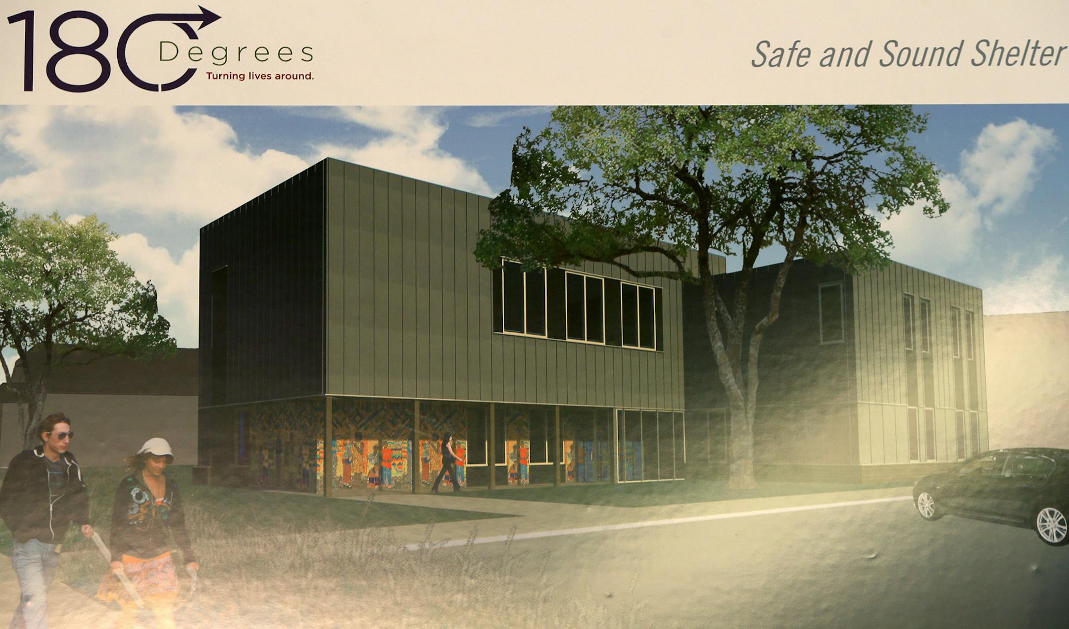 A rendering of the new 180 Degrees shelter was displayed during a ground breaking event for 180 Degrees, Tuesday, November 26, 2013 in St. Paul, MN. With the help of federal and city money, 180 Degrees is breaking ground at a new shelter for sexually exploited youth, one of only two places in the state with beds for child sex trafficking victims specifically. (ELIZABETH FLORES/STAR TRIBUNE) ELIZABETH FLORES • eflores@startribune.com