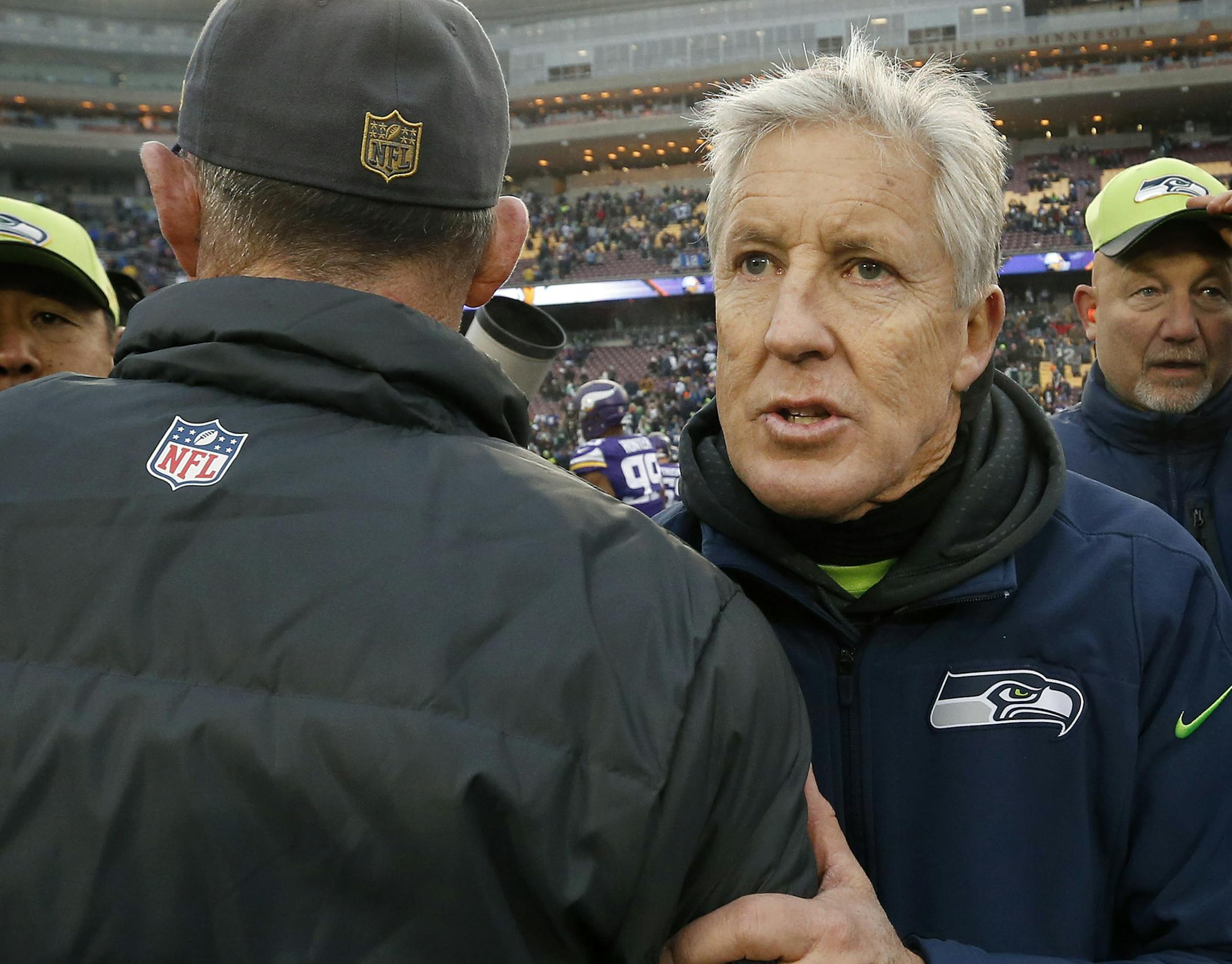 Minnesota Vikings head coach Mike Zimmer and Seattle head coach Pete Carroll at the end of the game. ] CARLOS GONZALEZ ï cgonzalez@startribune.com - December 6, 2015, Minneapolis, MN, TCF Bank Stadium, NFL, Minnesota Vikings vs. Seattle Seahawks
