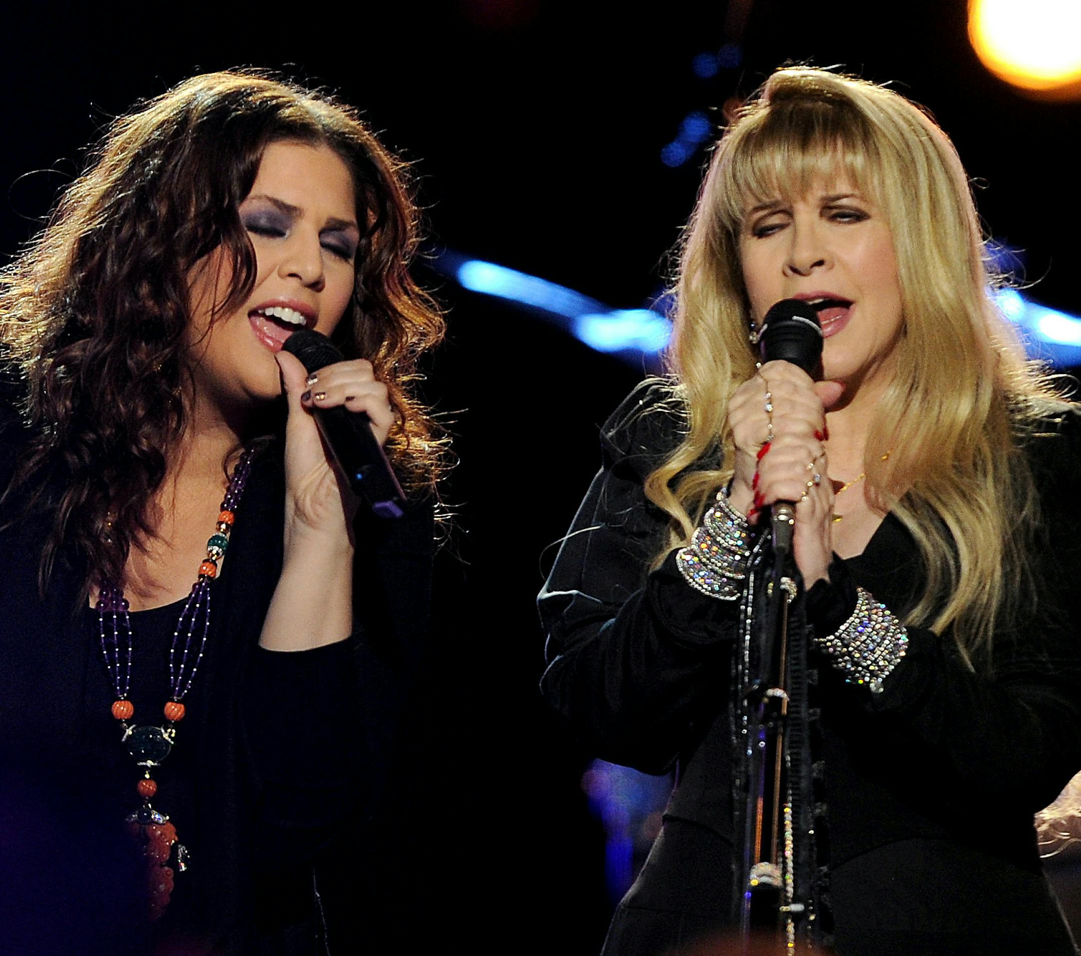 Hillary Scott, left, of Lady Antebellum performs with Stevie Nicks at CMT's "Crossroads" on January 29, 2013 at Sony Pictures Studios in Culver City, California. (Photo by Frank Micelotta/PictureGroup)