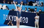 Sunisa Lee of the United States after landing her balance beam routine during the women’s all-around gymnastics competition at the 2020 Tokyo Olympi