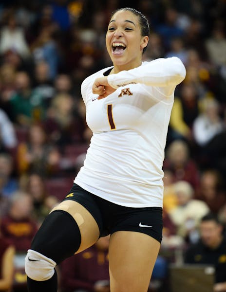 Minnesota outside hitter Daly Santana (1) celebrated after scoring a point against Indiana in the third set Wednesday. Minnesota beat Indiana 3-0. ] (