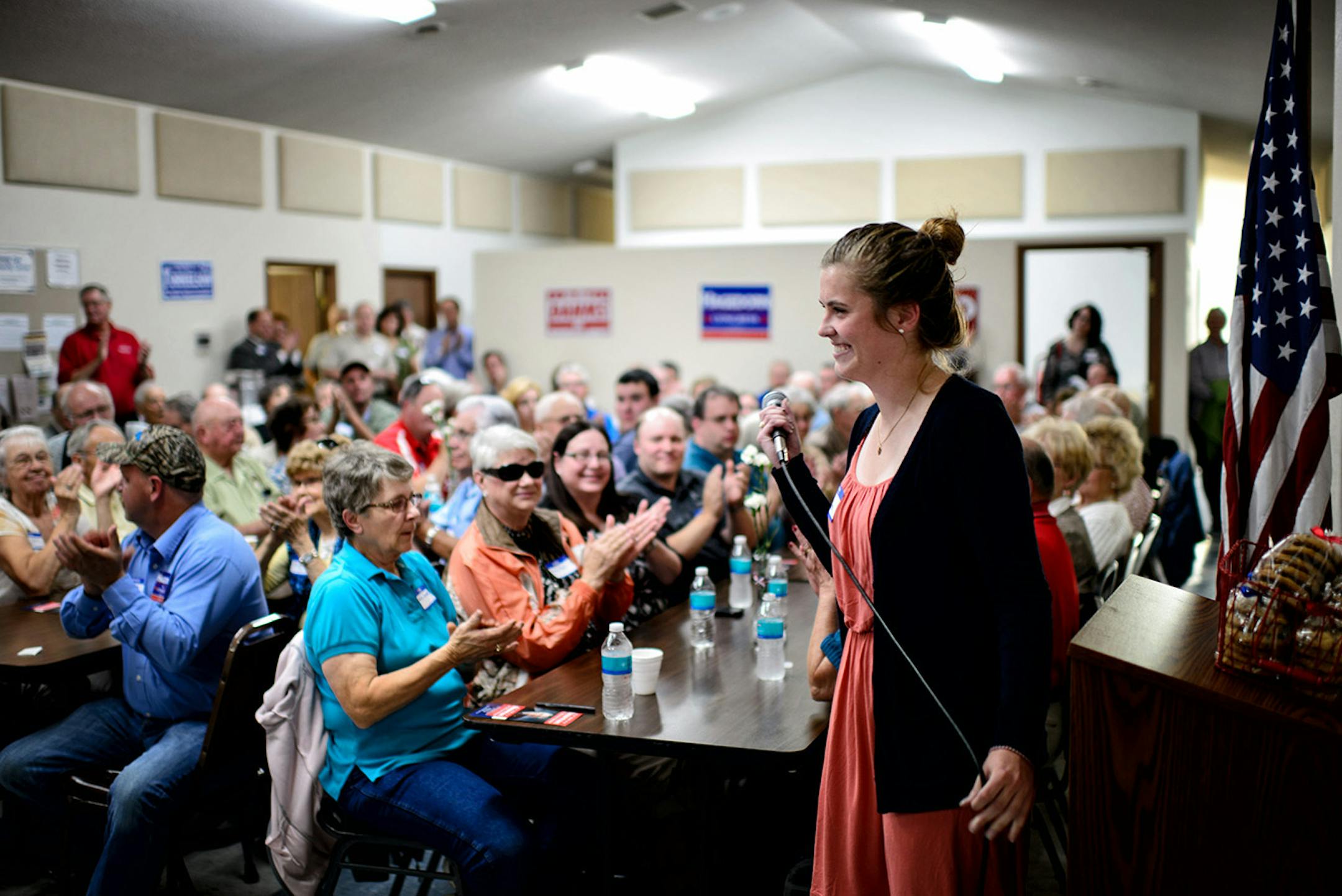 Mike McFadden's daughter Molly represented her father in front of a crowd of over 100 at the Brown County FUN Raiser an annual political event in Sleepy Eye, Minnesota. ] Monday, September 22, 2014 GLEN STUBBE * gstubbe@startribune.com