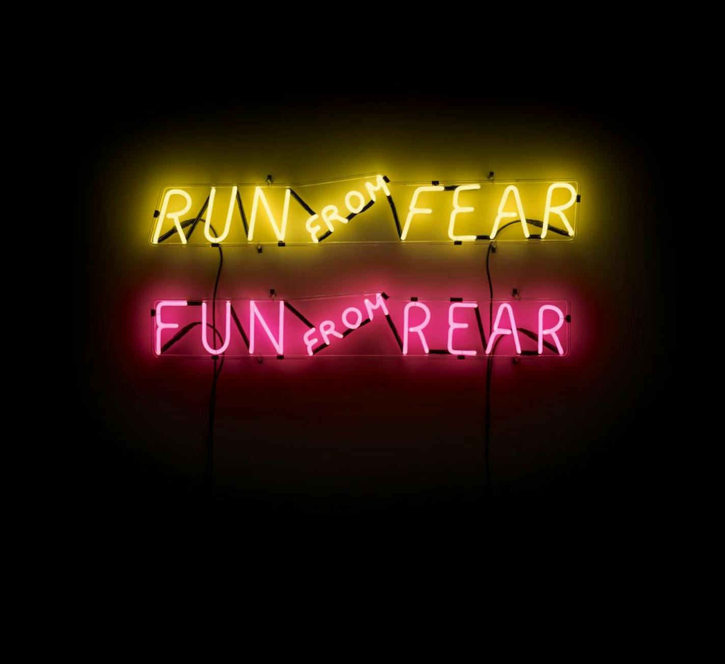 Broc Belgen; Bruce Nauman Run From Fear Fun From Rear; 1972/2012; Yellow and pink neon tubing with glass tubing suspension frames; Two parts; each: 8 x 46 x 2 1/4 in.