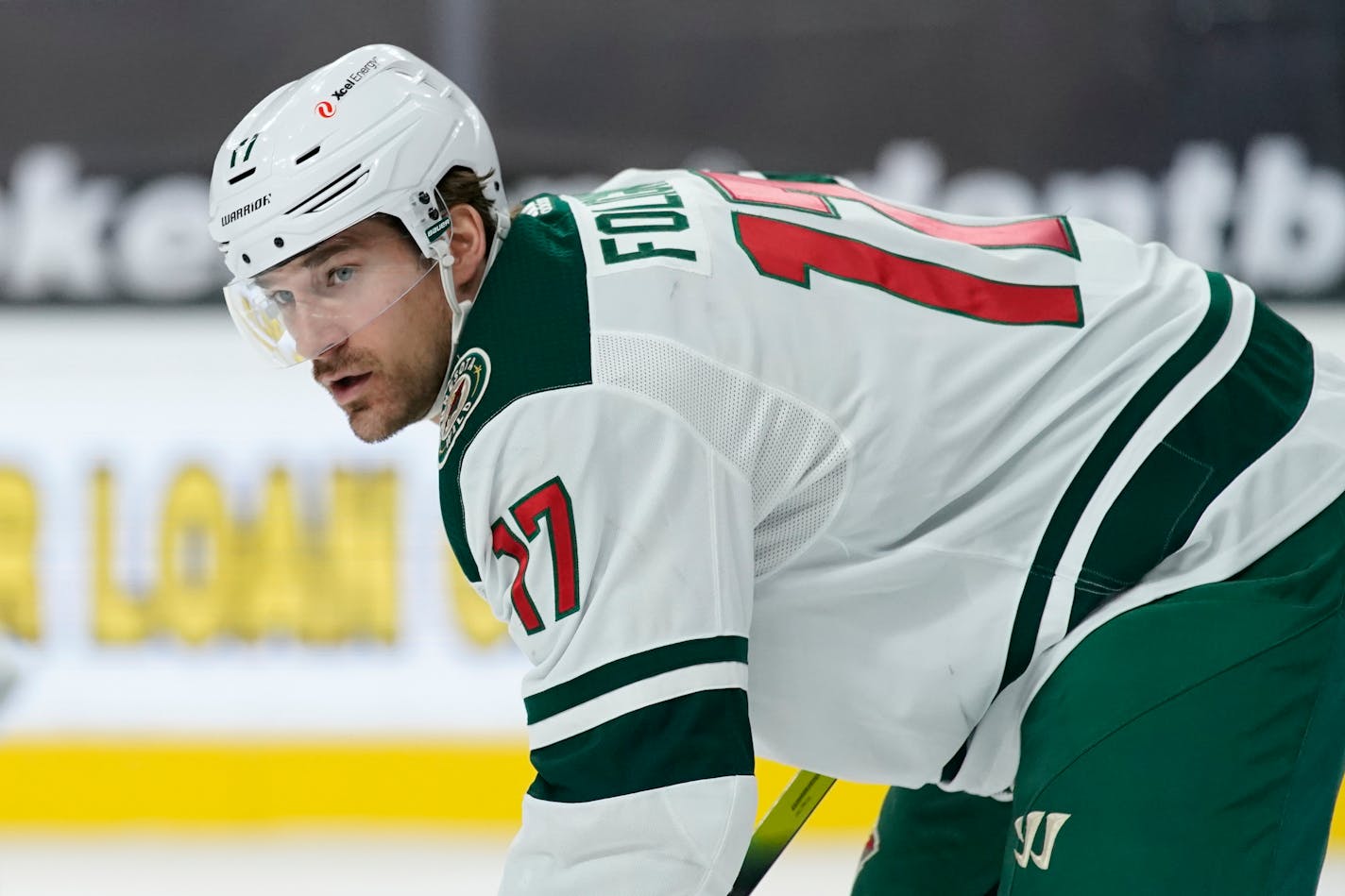 Minnesota Wild left wing Marcus Foligno (17) plays against the Vegas Golden Knights in an NHL hockey game Monday, March 1, 2021, in Las Vegas. (AP Photo/John Locher)