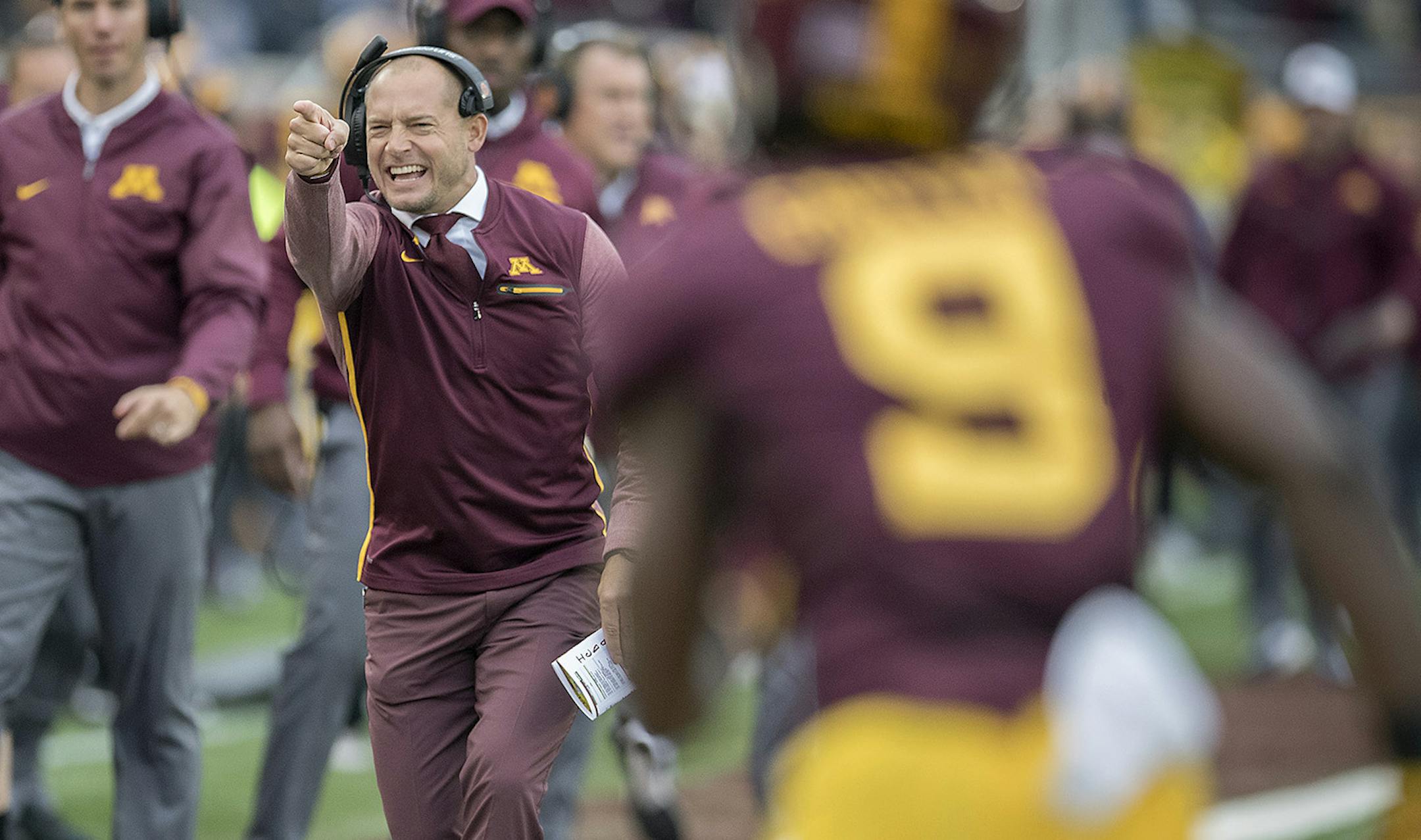 Minnesota's Head Coach P. J. Fleck celebrated the team's first touchdown during the first quarter as the Gophers took on Illinois at TCF Bank Stadium, Saturday, October 21, 2017 in Minneapolis, MN. ] ELIZABETH FLORES ï liz.flores@startribune.com