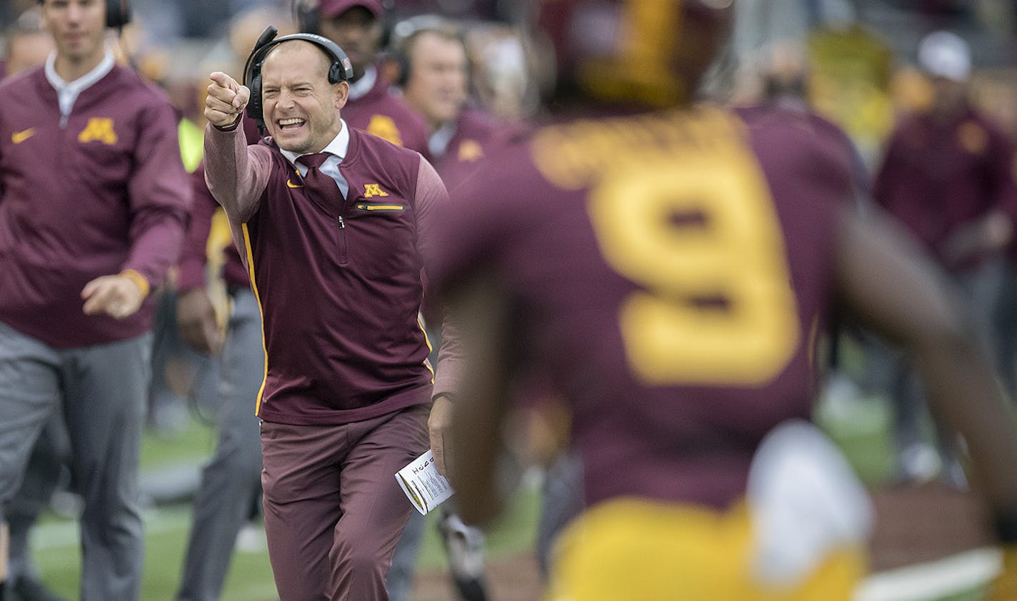 Minnesota's Head Coach P. J. Fleck celebrated the team's first touchdown during the first quarter as the Gophers took on Illinois at TCF Bank Stadium, Saturday, October 21, 2017 in Minneapolis, MN. ] ELIZABETH FLORES &#xef; liz.flores@startribune.com