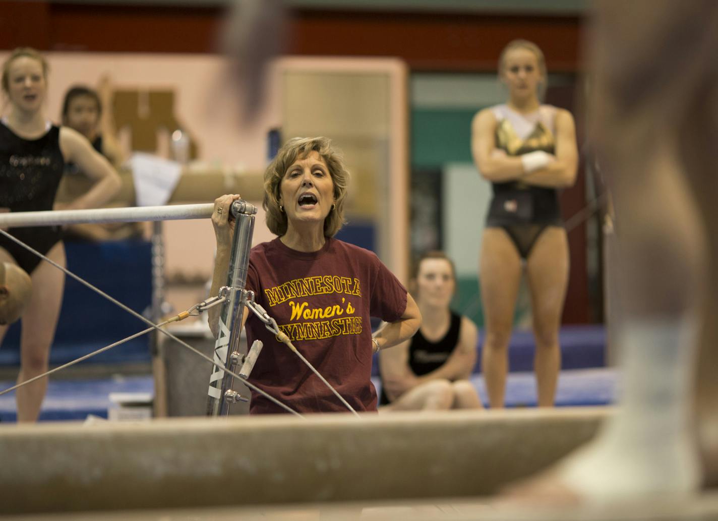 The U of M women's gymnastics team is prepping this week for the upcoming NCAA meet on Friday. Head coach Meg Stephenson shouted encouragement to junior Dusti Russell while she practiced her routine on the balance beam in the Peik Hall gym Tuesday afternoon, April 16, 2013 on the U of M Minneapolis campus. ] JEFF WHEELER &#x201a;&#xc4;&#xa2; jeff.wheeler@startribune.com