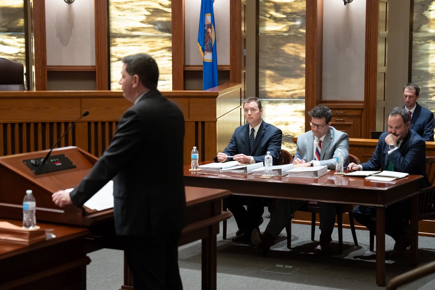 Attorneys representing the Republican side listened as Ronald Fein, attorney for the petitioner, Free Speech for People, argued his case before the Minnesota Supreme Court Thursday, Nov. 2, 2023 St. Paul, Minn. The Minnesota Supreme Court heard arguments to keep former President Trump off the ballot ] GLEN STUBBE • glen.stubbe@startribune.com