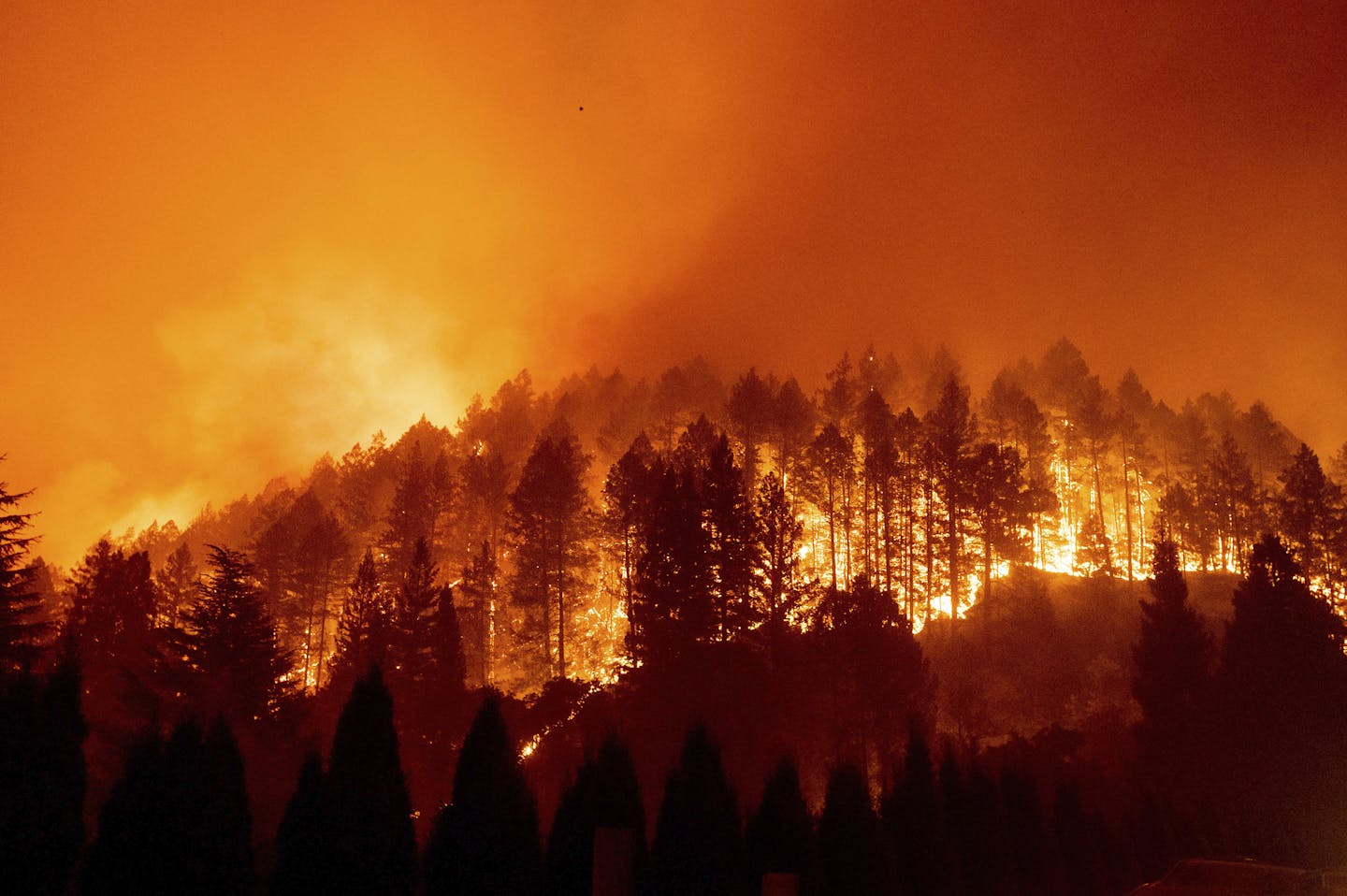 FILE - In this Sept. 27, 2020 file photo the Glass Fire burns a hillside above Silverado Trail in St. Helena, Calif. Dry, windy weather posed an extreme wildfire risk Wednesday, Oct. 14, 2020, in Northern California, where massive blazes already have cost hundreds of homes and killed or injured dozens of people. (AP Photo/Noah Berger, File)