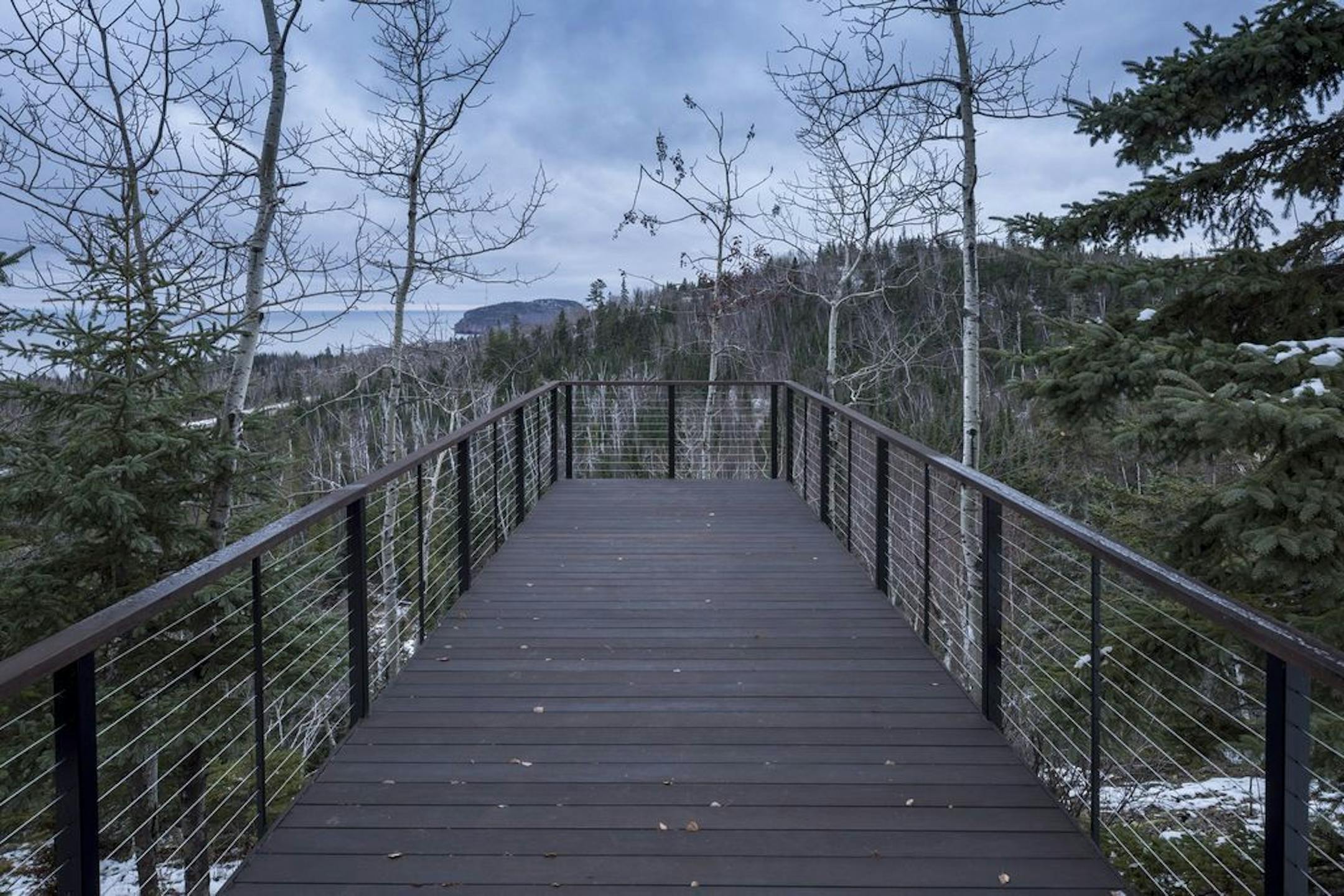 The "bird walk" made of ipe deck and steel cable railing is cantilevered over a deep ravine.