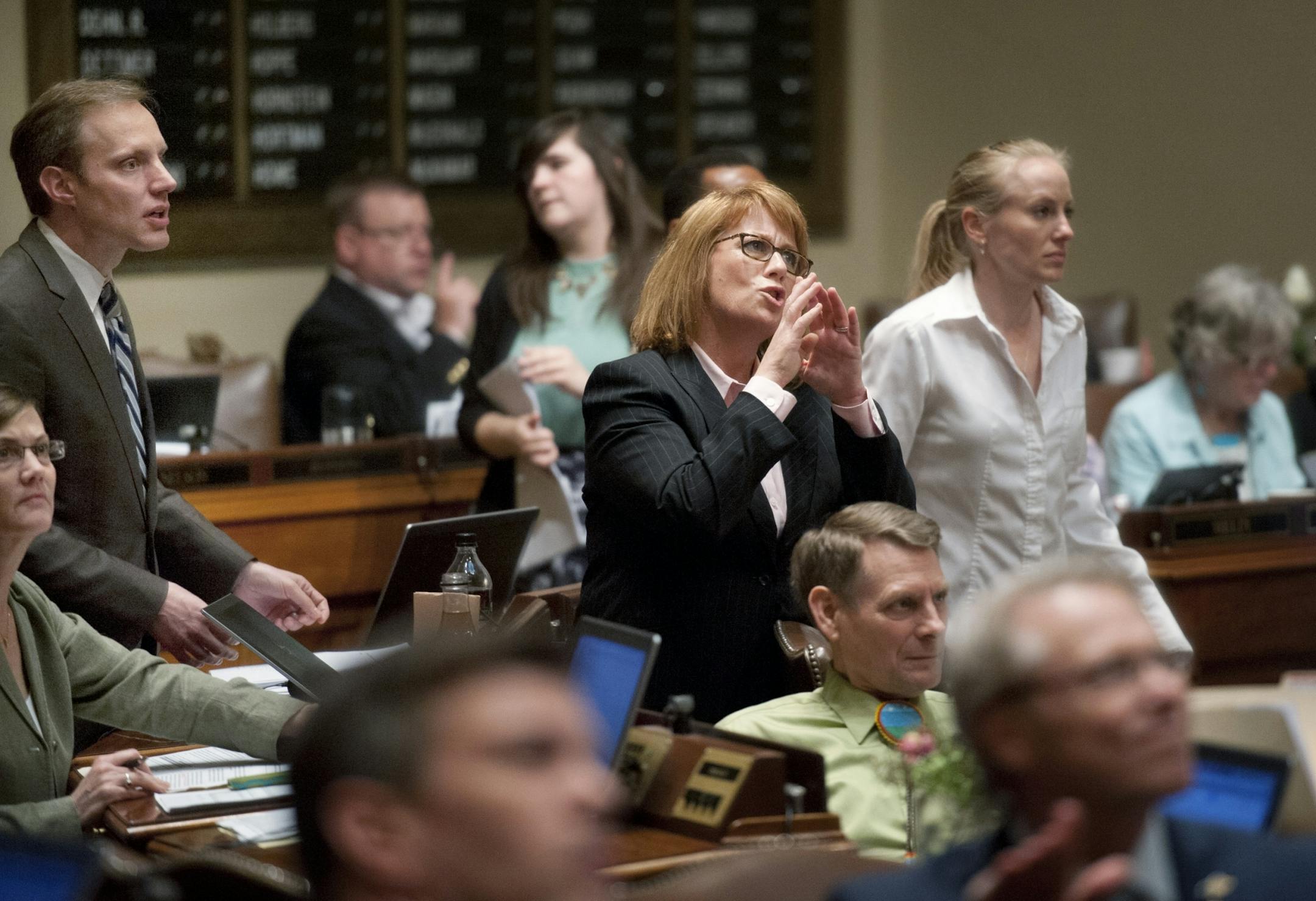 House Majority Leader Erin Murphy tried unsuccessfully to quiet AFSCME and SEIU members who cheered loudly from the House gallery after the daycare unionization bill passed 68-66, a violation of House rules. Monday, May 20, 2013
