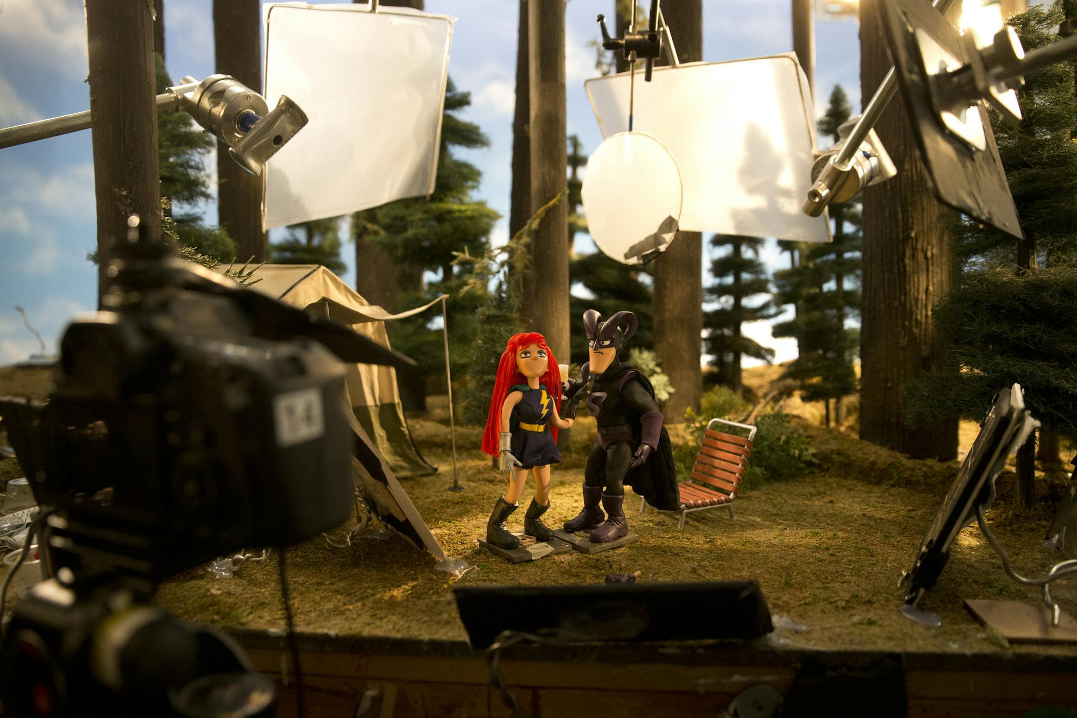 Lex (voiced by Jillian Bell Brad) and Black Saturn (Tucker Gilmore) on the "SuperMansion" set at Stoopid Buddy Stoodios in Burbank, Calif.