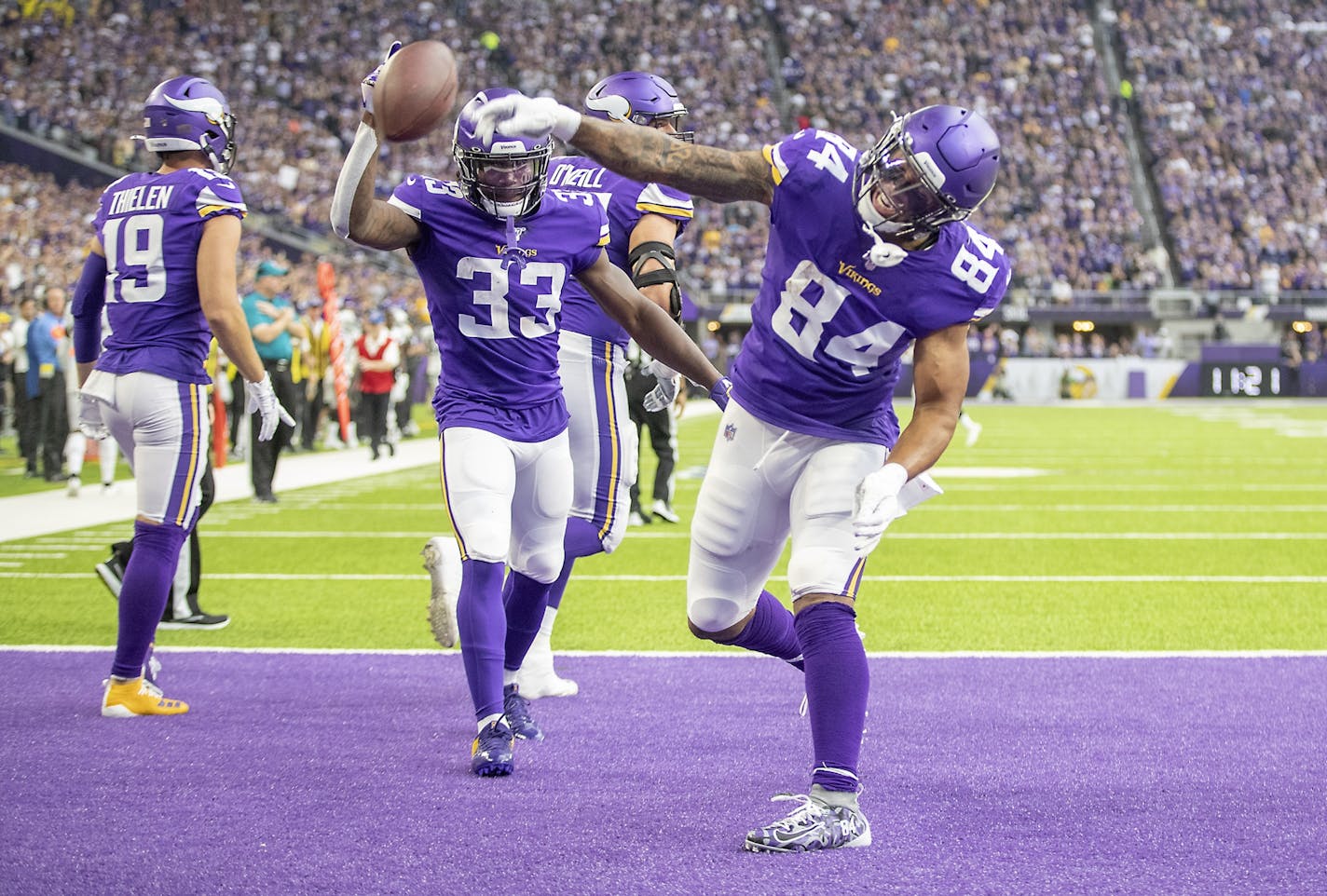 Vikings tight end Irv Smith spiked the ball after an After an Adam Thielen touchdown last season.