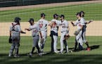 Minnesota Twins players celebrate after they defeated the Chicago White Sox in a baseball game in Chicago, Sunday, July 26, 2020. (AP Photo/Nam Y. Huh