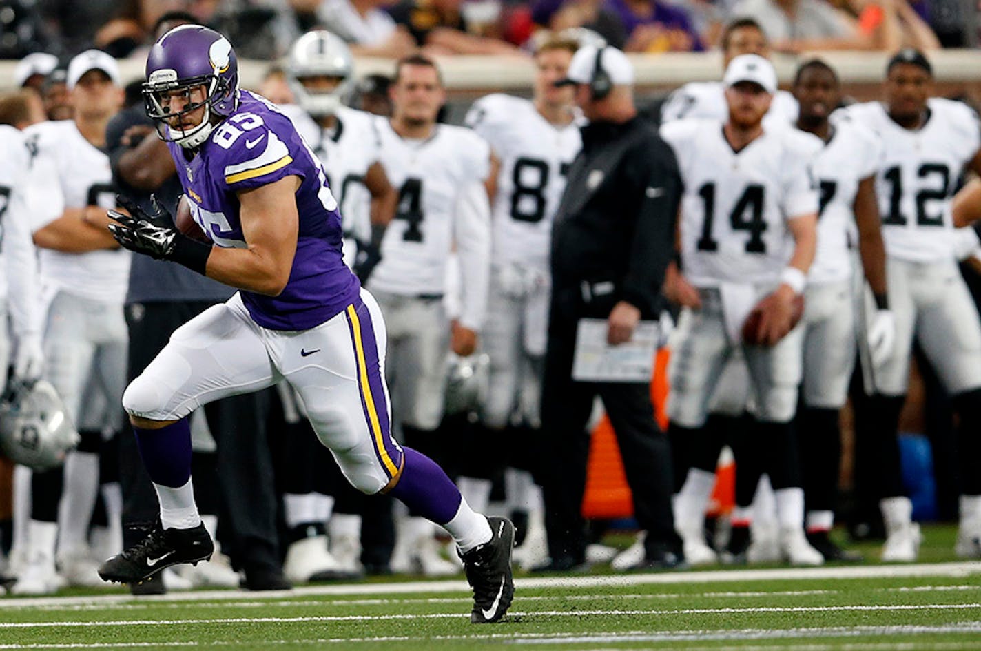 The Vikings' Rhett Ellison is a key special teams player and a hybrid offensive tool who has to know how to line up at four different positions: the X (split end), the Z (flanker), the Y (tight end) and F (fullback).