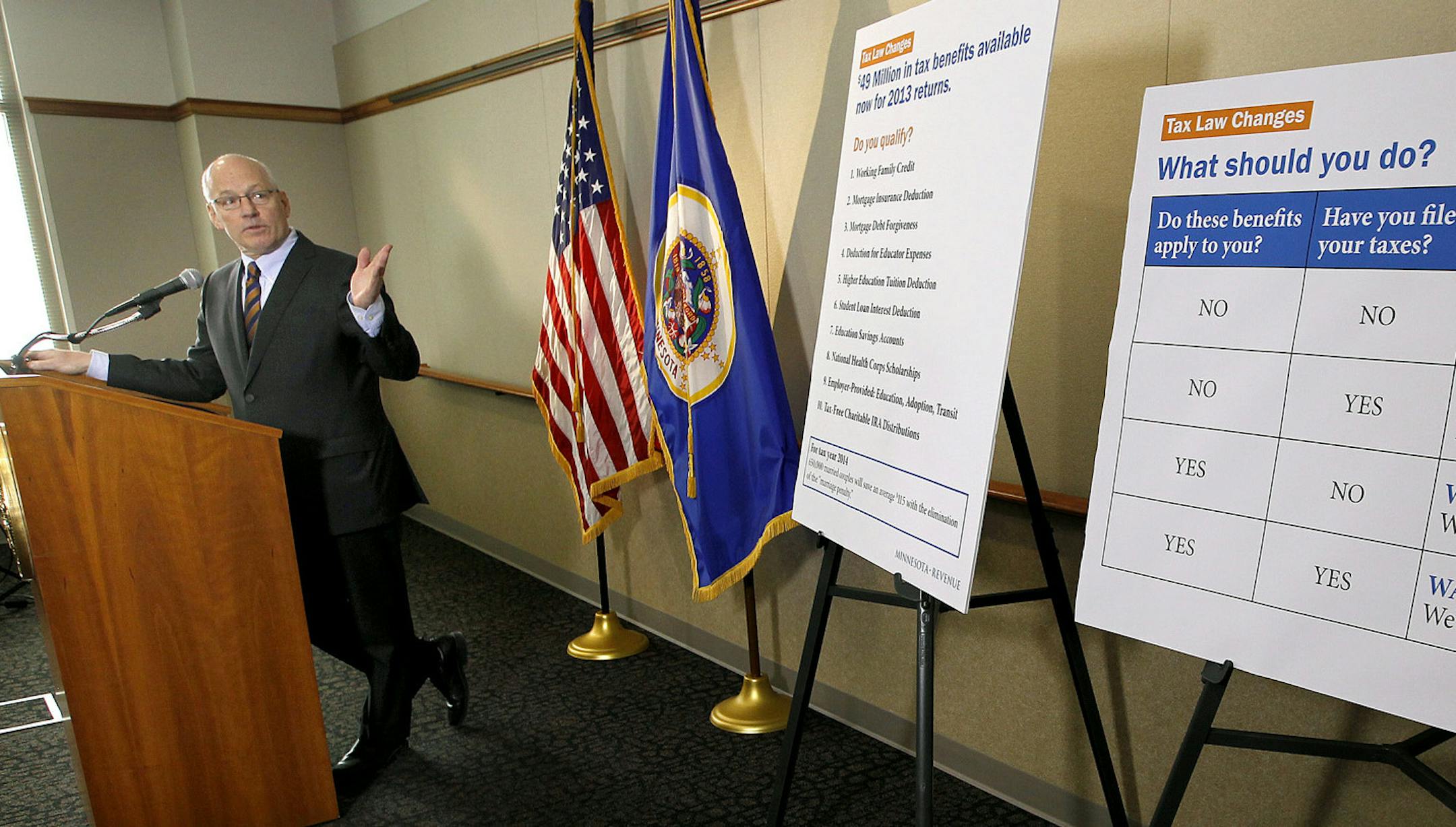 Revenue Commissioner Myron Frans held a press conference to discuss how the tax bill could affect 2013 income tax returns at the Minnesota Department of Revenue, Monday, March 24, 2014