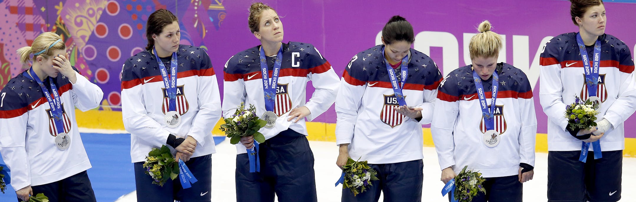 Team USA after receiving the silver medal. Team Canada beat Team USA in overtime 3-2 to win the gold medal. ] CARLOS GONZALEZ cgonzalez@startribune.com - February 20, 2013, Sochi, Russia, Sochi 2014 Winter Olympics, Bolshoy Ice Dome, women's hockey gold medal game, USA vs. Canada
