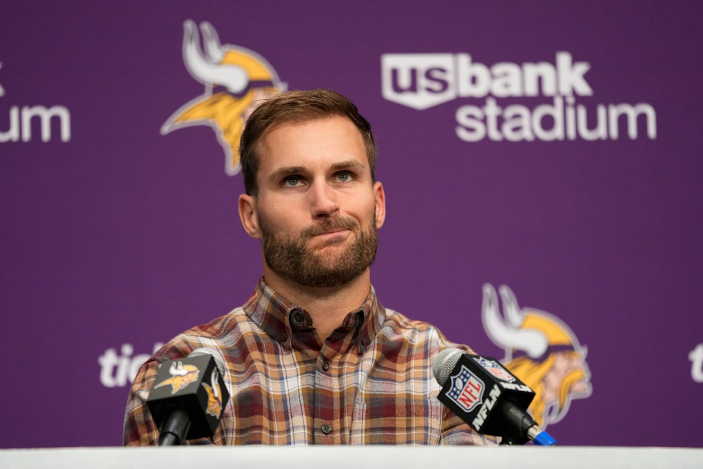 Minnesota Vikings quarterback Kirk Cousins speaks during a news conference after an NFL football game against the Kansas City Chiefs, Sunday, Oct. 8, 2023, in Minneapolis. The Chiefs won 27-20. (AP Photo/Abbie Parr)