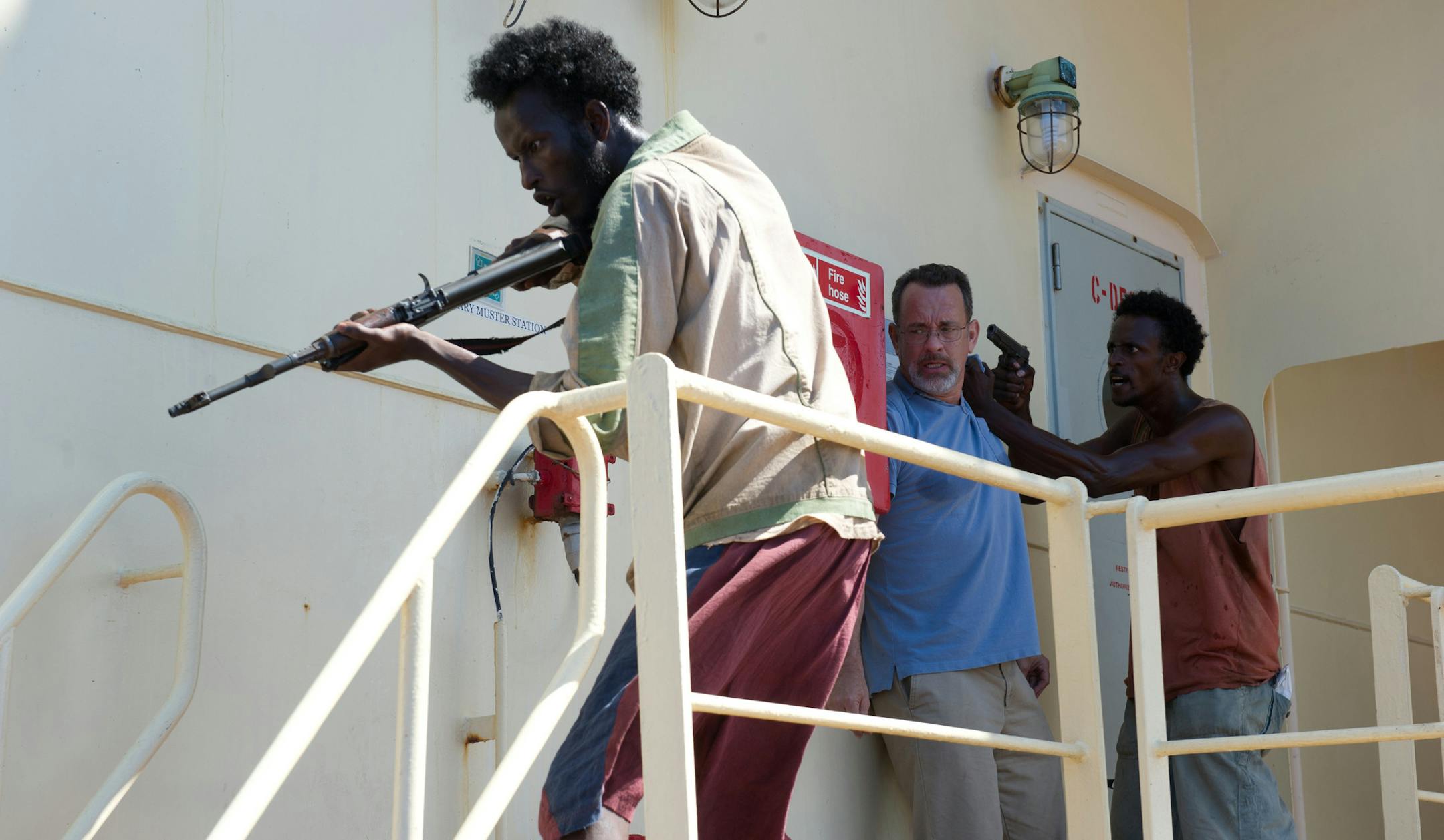 L-r, Mahat Ali, Tom Hanks and Faysal Ahmed star in Columbia Pictures' "Captain Phillips." ORG XMIT: Tom Hanks (Pending)