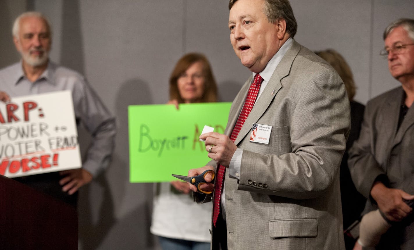 Jack Rogers of North Metro Tea Party Patriots called on seniors to boycott AARP and cut up their membership cards because AARP intends to oppose Minnesota's voter ID ballot initiative.