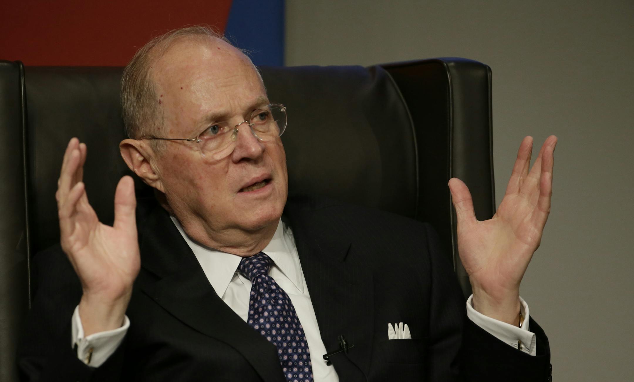 FILE - In this Oct. 3, 2013, file photo, Supreme Court Justice Anthony Kennedy speaks to faculty members at the University of Pennsylvania law school in Philadelphia. The pro-gay rights rulings of Supreme Court Justice Anthony Kennedy have been a key spark in the march toward legalized gay marriage. To counter the trend, same-sex marriage opponents now are seizing upon other opinions by Kennedy himself. (AP Photo/Matt Slocum, File)