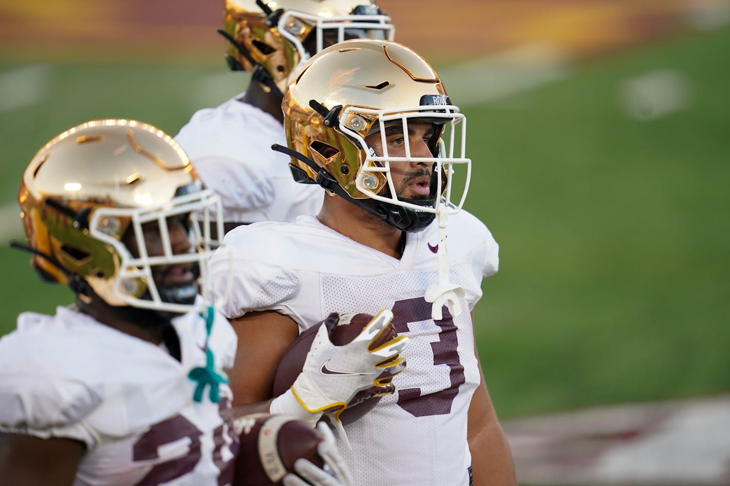 Gophers running back Treyson Potts (3) during practice at Huntington Bank Stadium at the University of Minnesota in Minneapolis, Minn., on Thursday, August 12, 2021.