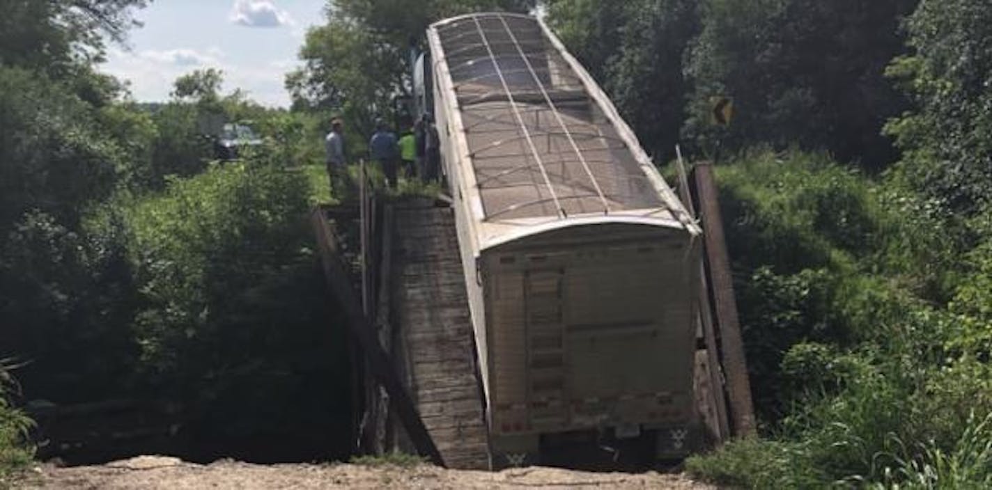 This truck was heavier than a bridge over the Goose River in Grand Forks County could handle. Credit: Grand Forks County Sheriff's Office