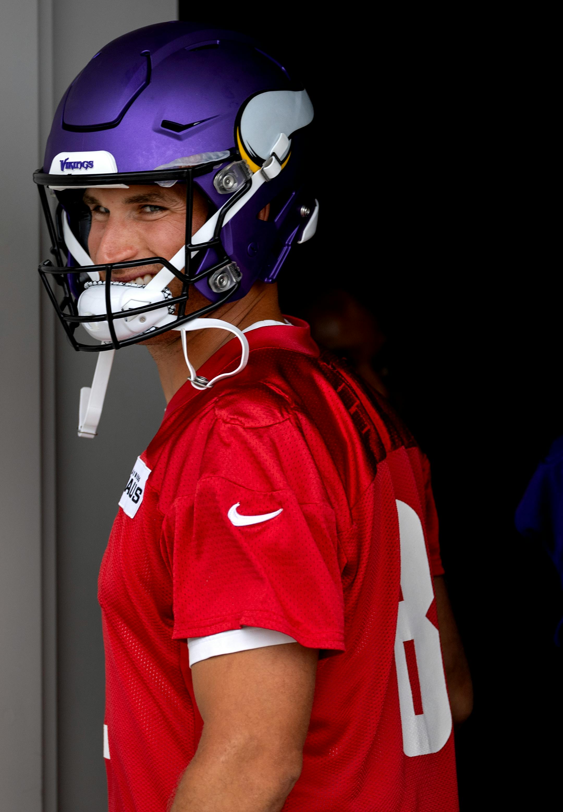 Minnesota Vikings quarterback Kirk Cousins (8) walked out for practice.