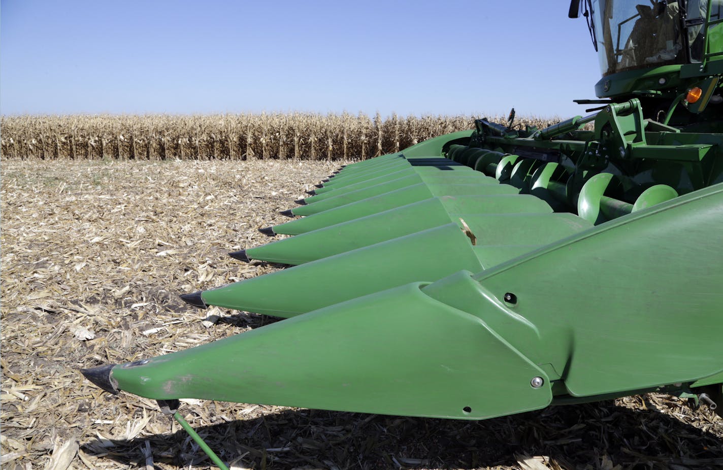 Research at the University of Minnesota says climate change is helping crop output, specifically corn and soybeans, in the state. File photo of a a combine at a harvest event in Nebraska in September 2018.