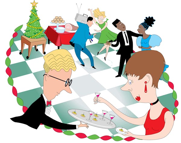 300 dpi Amy Raudenbush color illustration of office workers at a Christmas party. The Philadelphia Daily News 1994<p> krtcampus campus; krtnational na