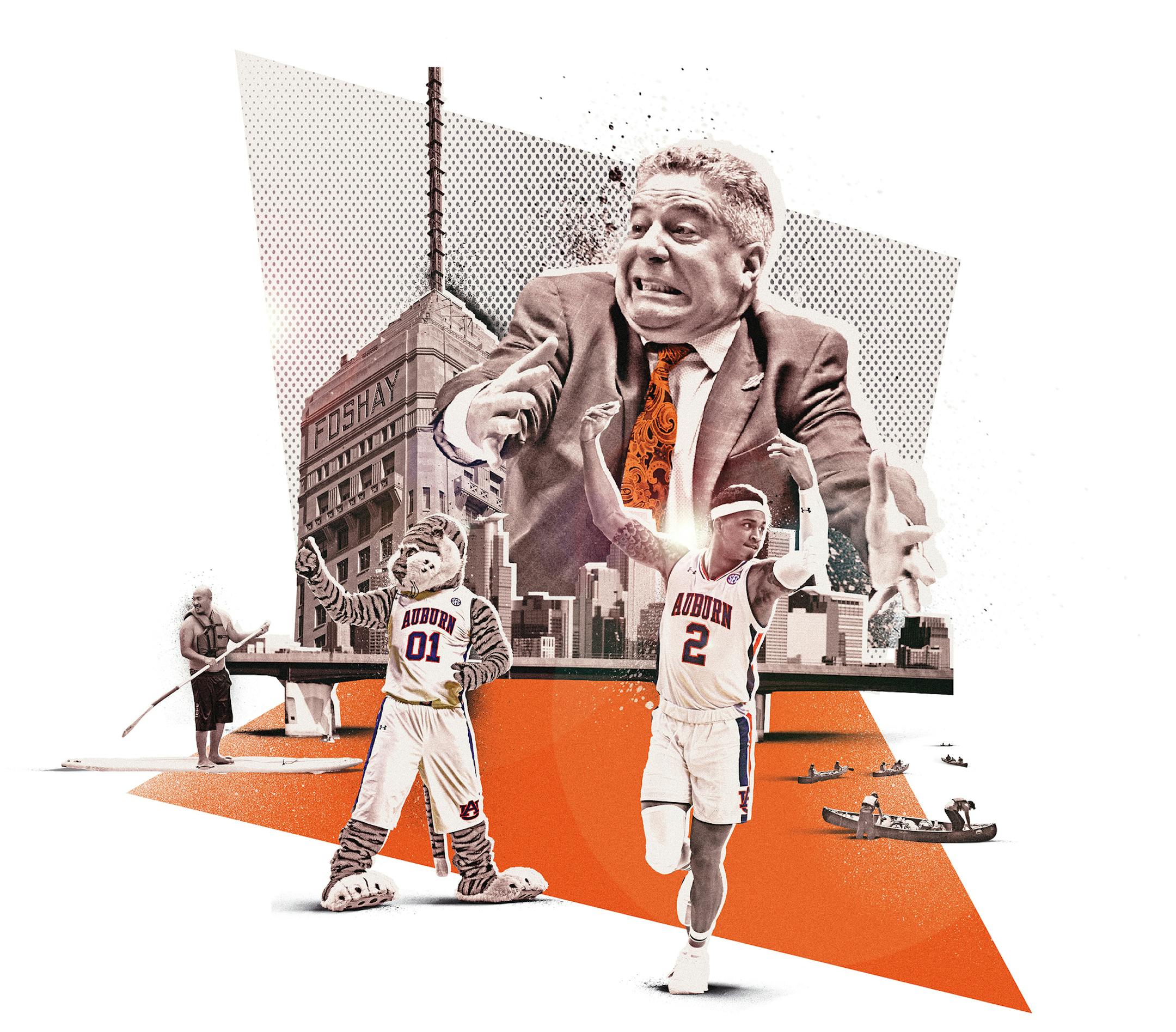 Inline illustration for the 2019 NCAA Men's Final Four basketball tournament that is being held in Minneapolis. Element includes coach Bruce Pearl, Bryce Brown and the Aubbie, Auburn's mascot. Illustration by The Sporting Press, Special to the Star Tribune