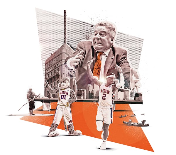 Inline illustration for the 2019 NCAA Men's Final Four basketball tournament that is being held in Minneapolis. Element includes coach Bruce Pearl, Br