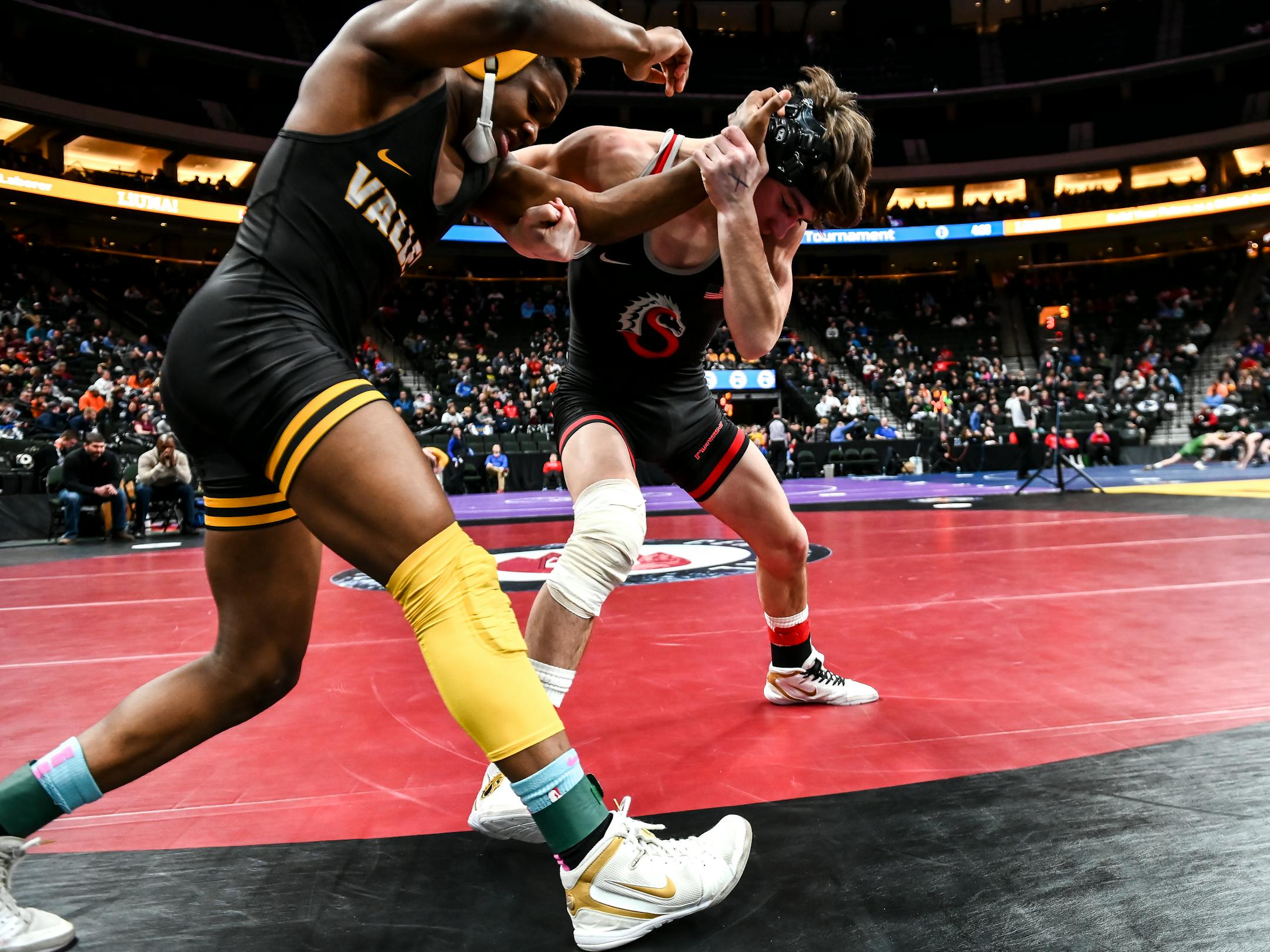 Reid Ballantyne, of Stillwater, wrestled Apple Valley's Martin Stewart in a Class 3A quarterfinal match Friday.
