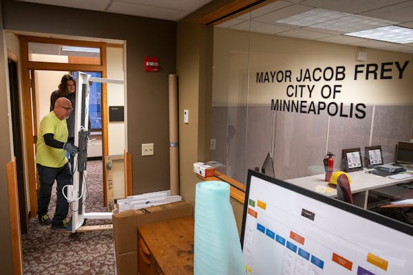 Movers packed up the mayor’s offices on the third floor of Minneapolis City Hall on Friday, Dec. 15, 2023. The mayor and city council will work out 