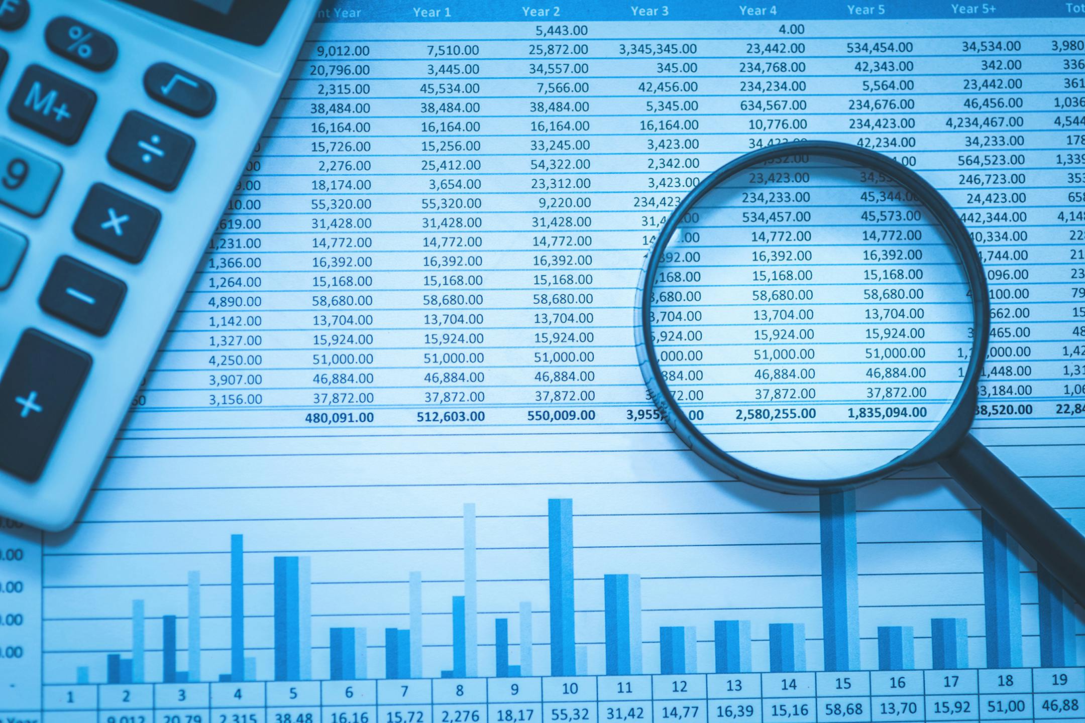 A stock image of a magnifying glass over a spreadsheet of dollar amounts