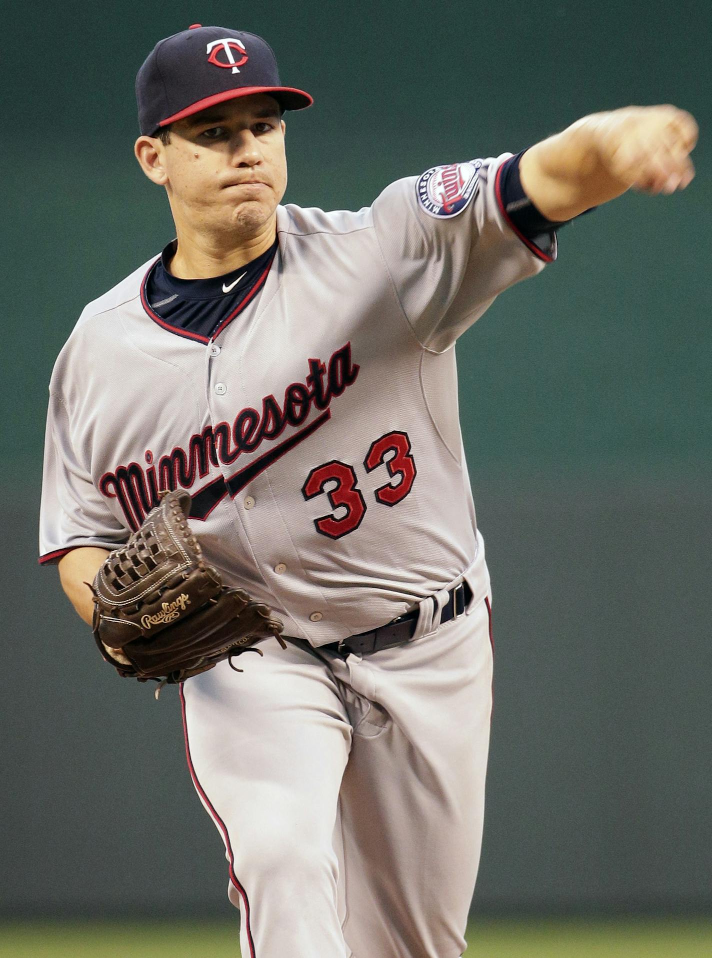 Minnesota Twins starting pitcher Tommy Milone throws during the first inning of a baseball game against the Kansas City Royals, Monday, Sept. 7, 2015, in Kansas City, Mo. (AP Photo/Charlie Riedel)